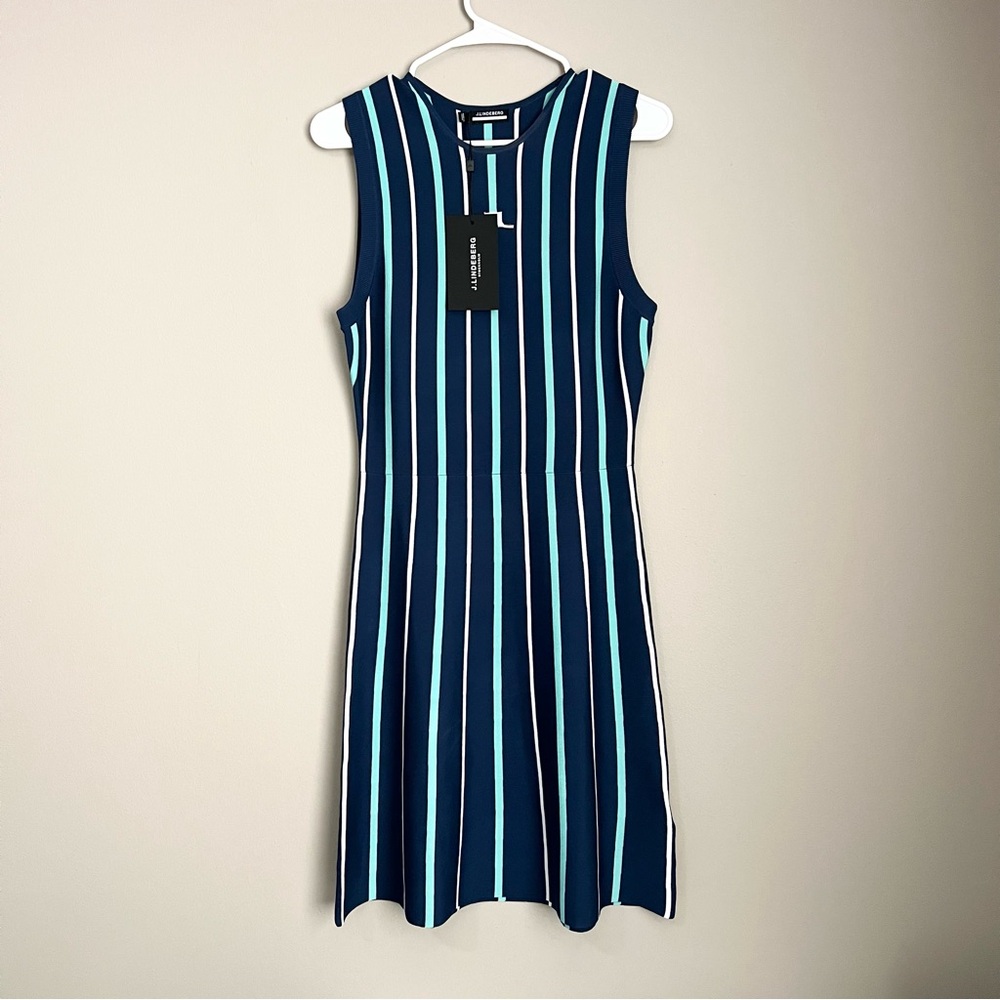 J. Lindeberg Knitted Sleeveless Blue Striped Polo Dress S Golf Pickleball Tennis